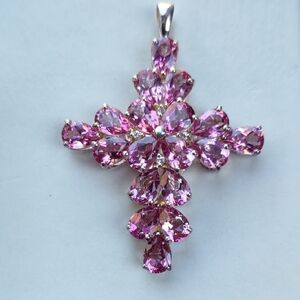 Pink Topaz Gemstone Cross Pendant Sterling Silver